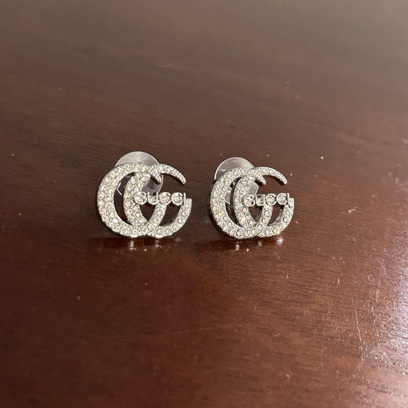 AUTHENTIC GUCCI SILVER CRYSTAL GUCCI EARRINGS DOUBLE G - Picture 1 of 3